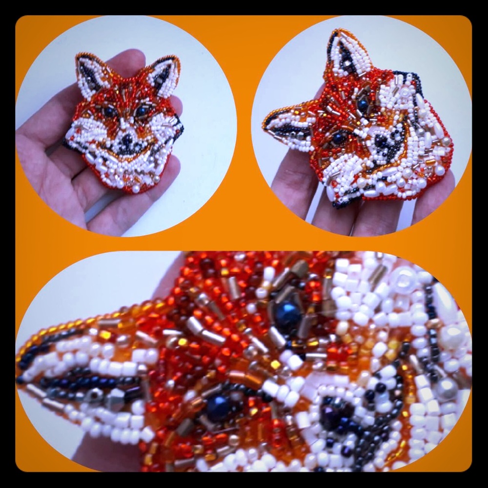 Handmade brooch natural leather and bids